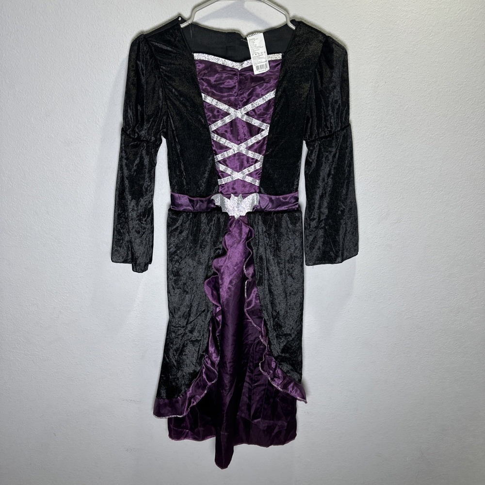 Girls Halloween Dress Size 7/8 Black Purple Long Sleeve Bat Velvet